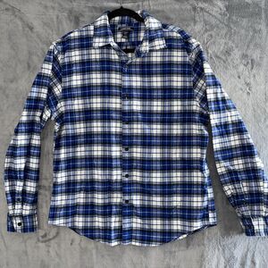 Lands End Flannel Shirt Men's Sz L (16-16.5) Tailored Fit BlueWhite Plaid Cotton